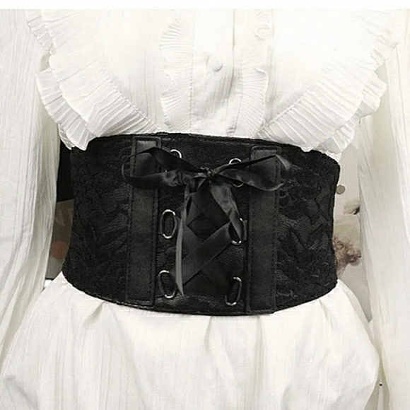 ASOS Black Floral Lace Satin Ribbon Button Closure Corset Wide Waist Belt 33" - Picture 7 of 16